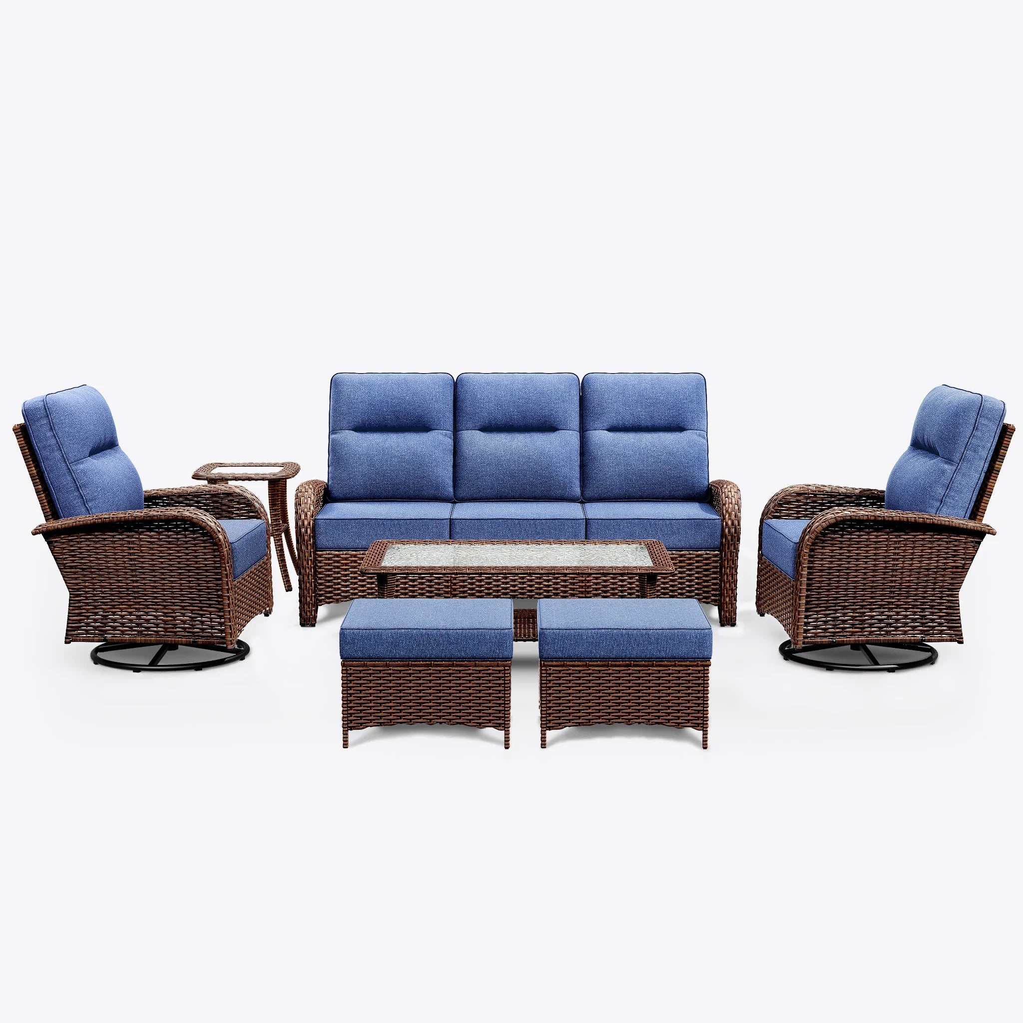 7-Piece Brown Wicker Patio Sofa Set with Ottomans