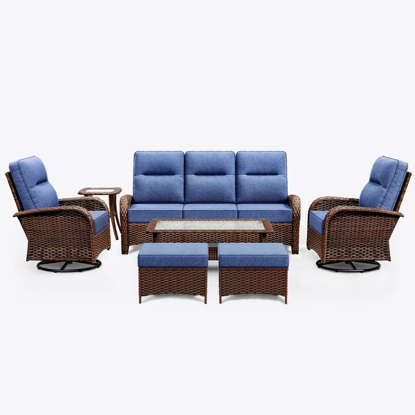 7-Piece Brown Wicker Patio Sofa Set with Ottomans