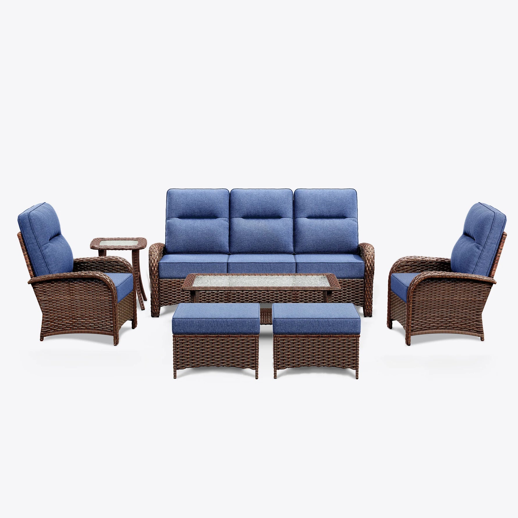 7-Piece Brown Wicker Patio Sofa Set with Ottomans