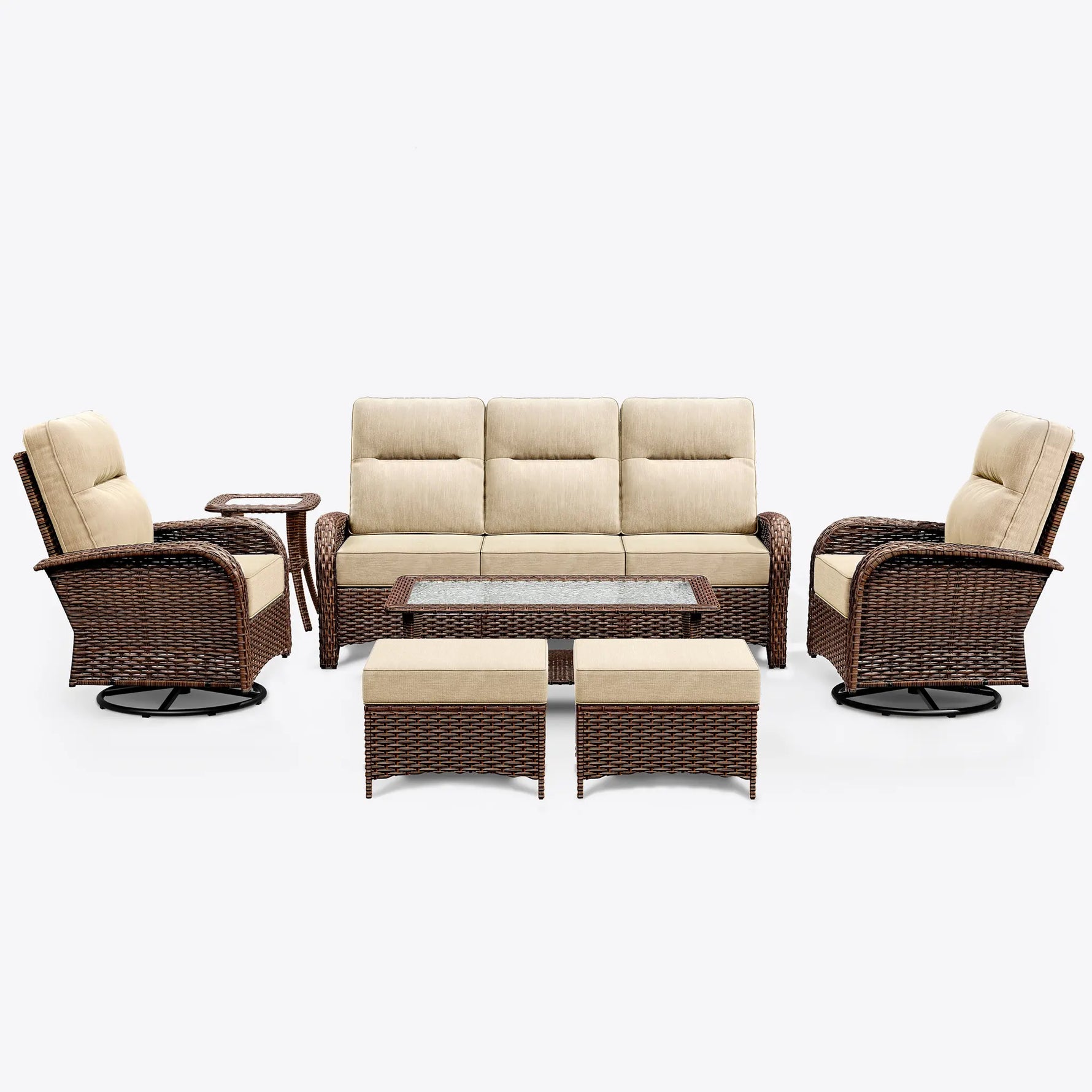 7-Piece Brown Wicker Patio Sofa Set with Ottomans