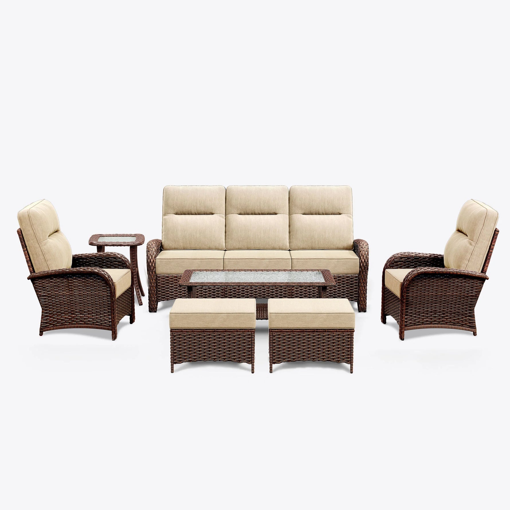 7-Piece Brown Wicker Patio Sofa Set with Ottomans