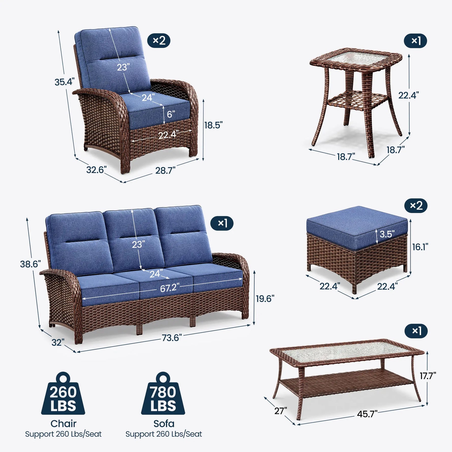 7-Piece Brown Wicker Patio Sofa Set with Ottomans