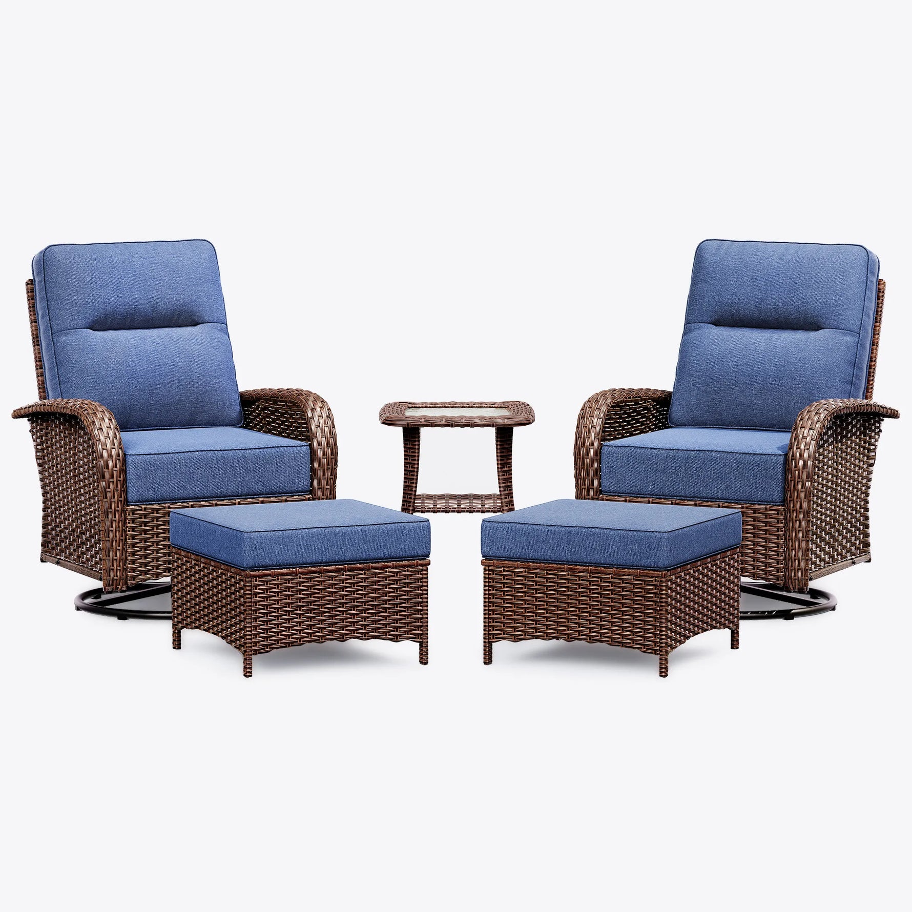Wicker Patio Chair Set With Side Table & Ottomans