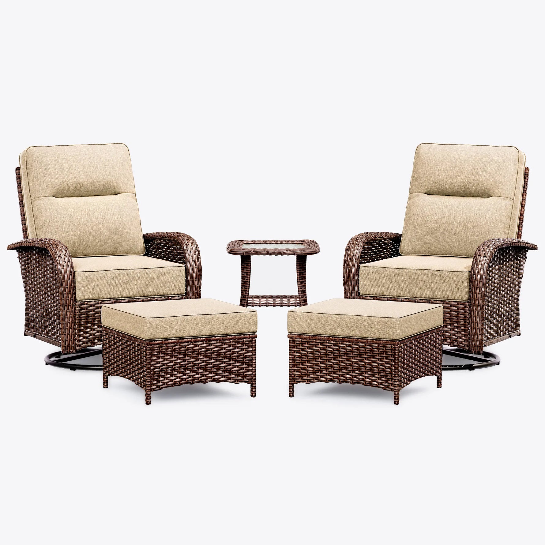 Wicker Patio Chair Set With Side Table & Ottomans