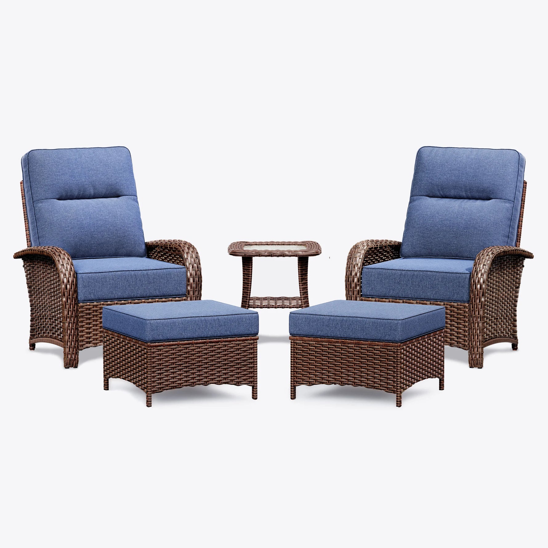 Wicker Patio Chair Set With Side Table & Ottomans