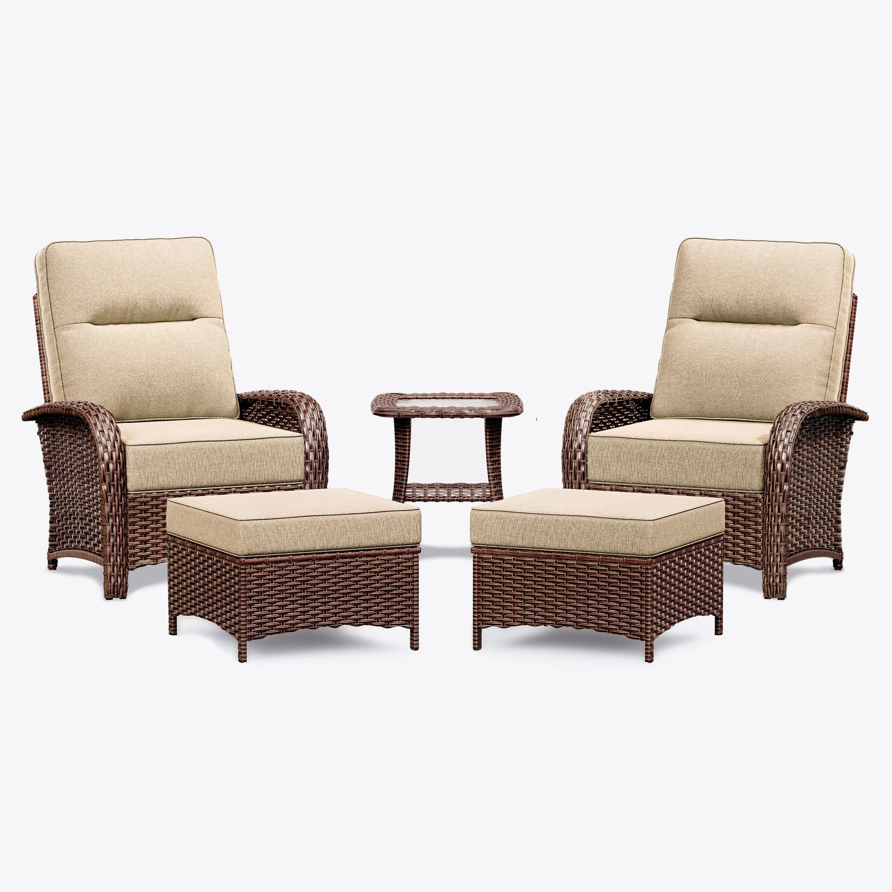 Wicker Patio Chair Set With Side Table & Ottomans
