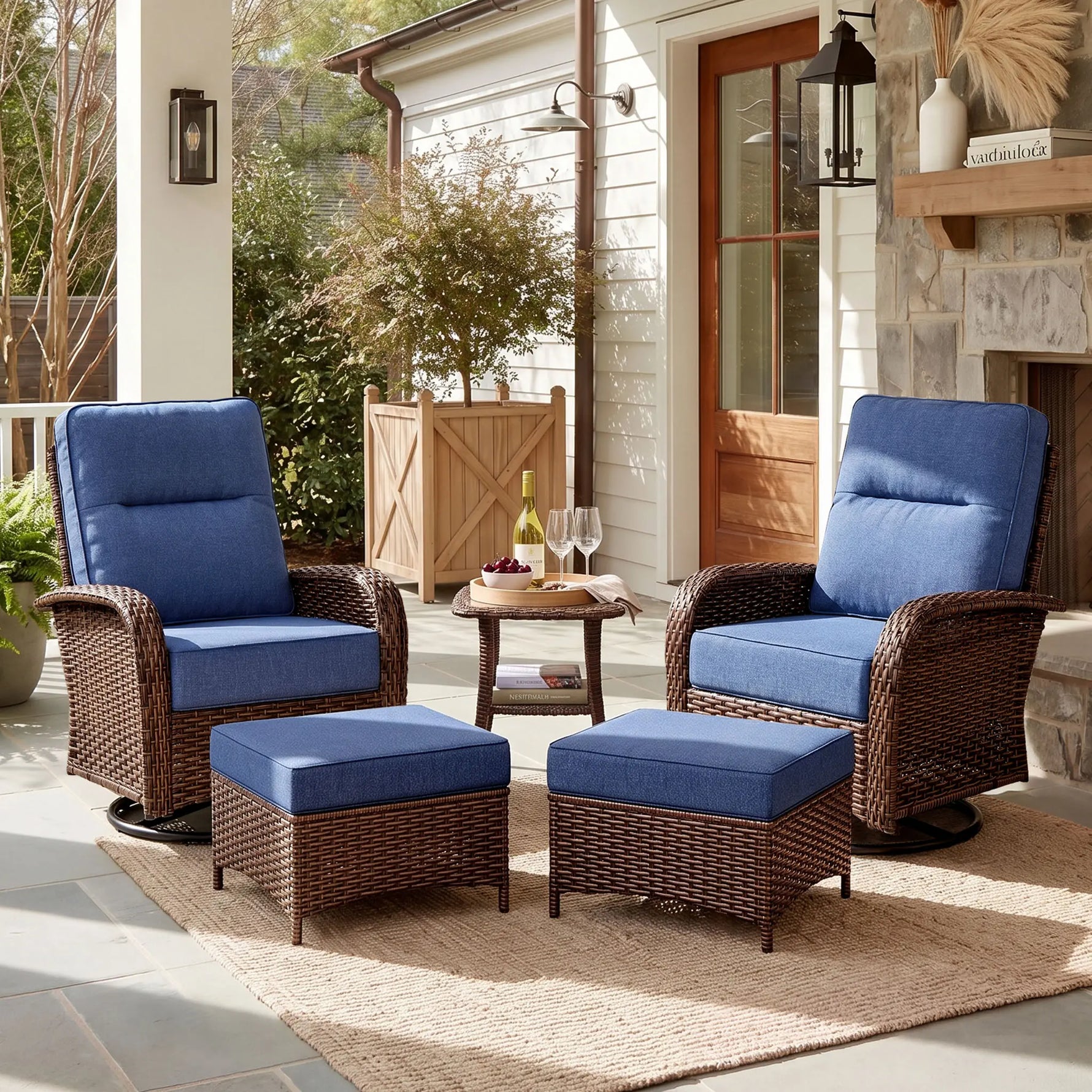 Wicker Patio Chair Set With Side Table & Ottomans