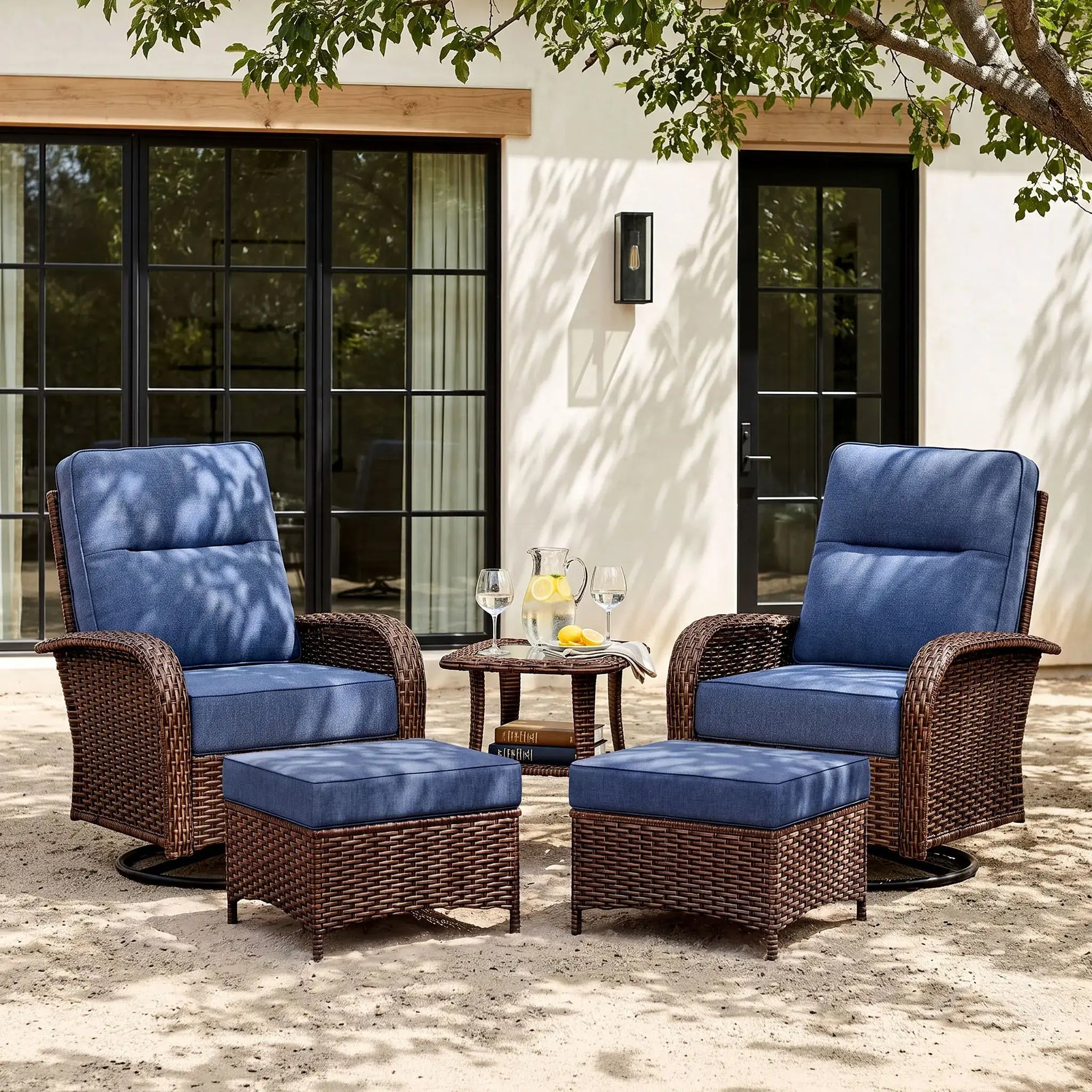 Wicker Patio Chair Set With Side Table & Ottomans