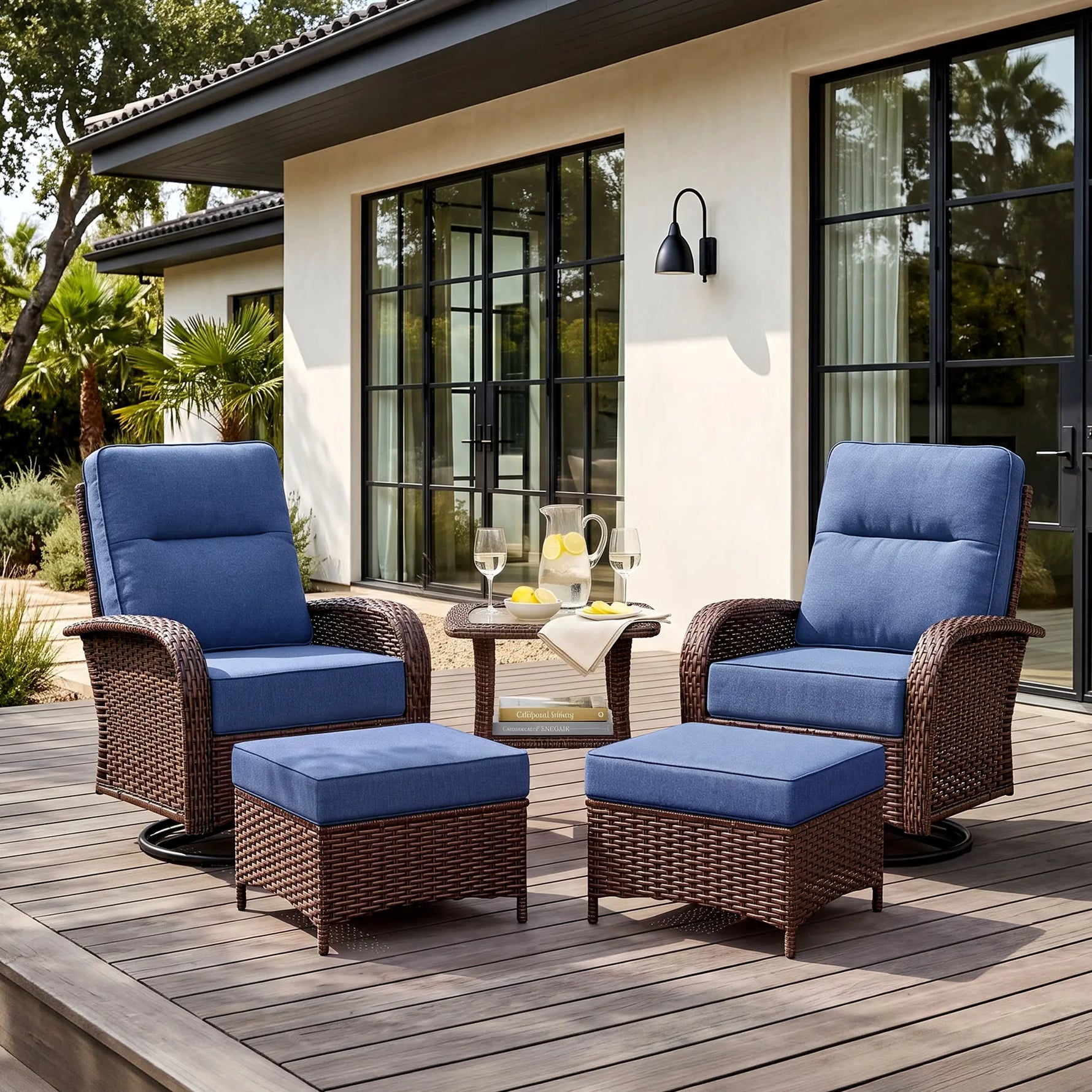 Wicker Patio Chair Set With Side Table & Ottomans
