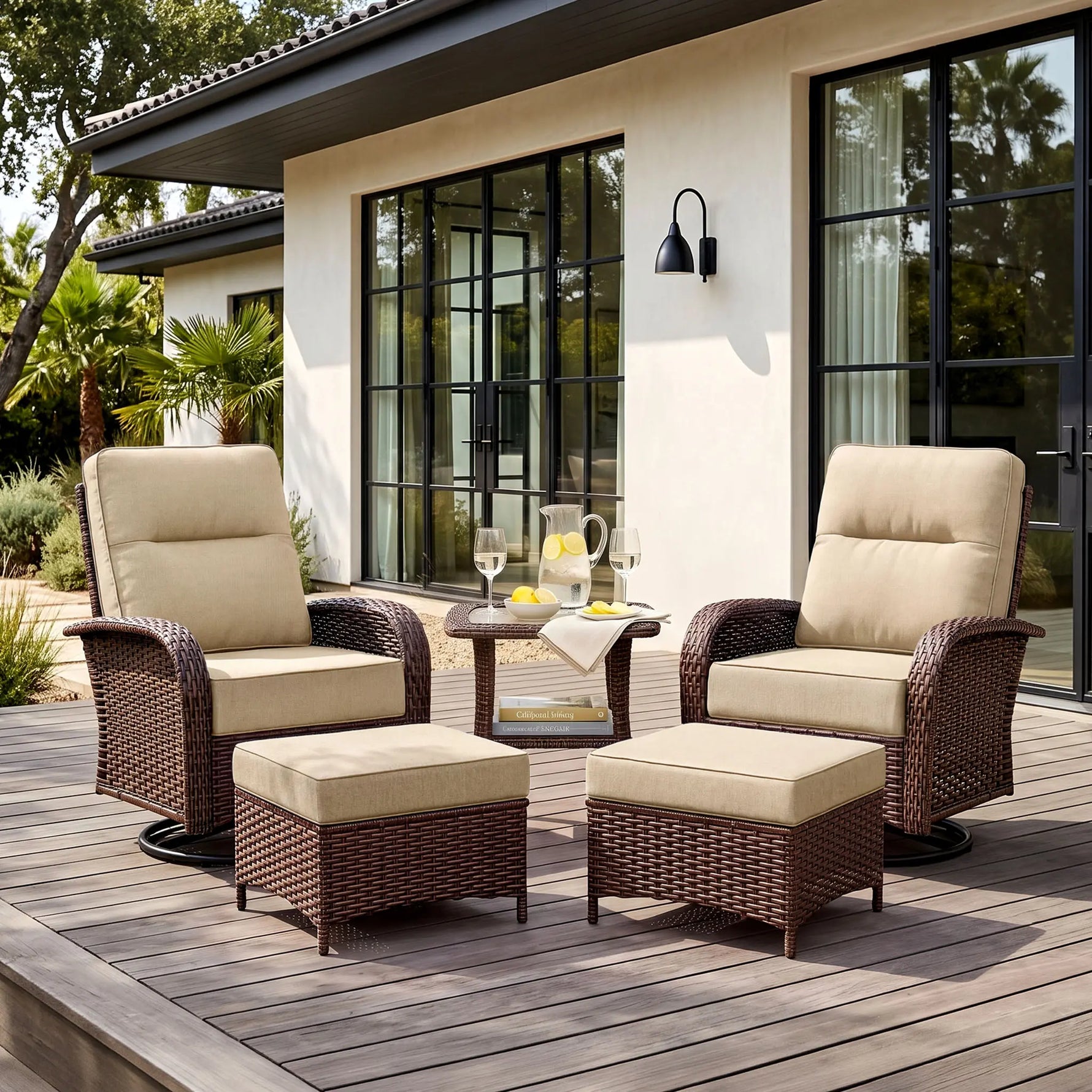 Wicker Patio Chair Set With Side Table & Ottomans