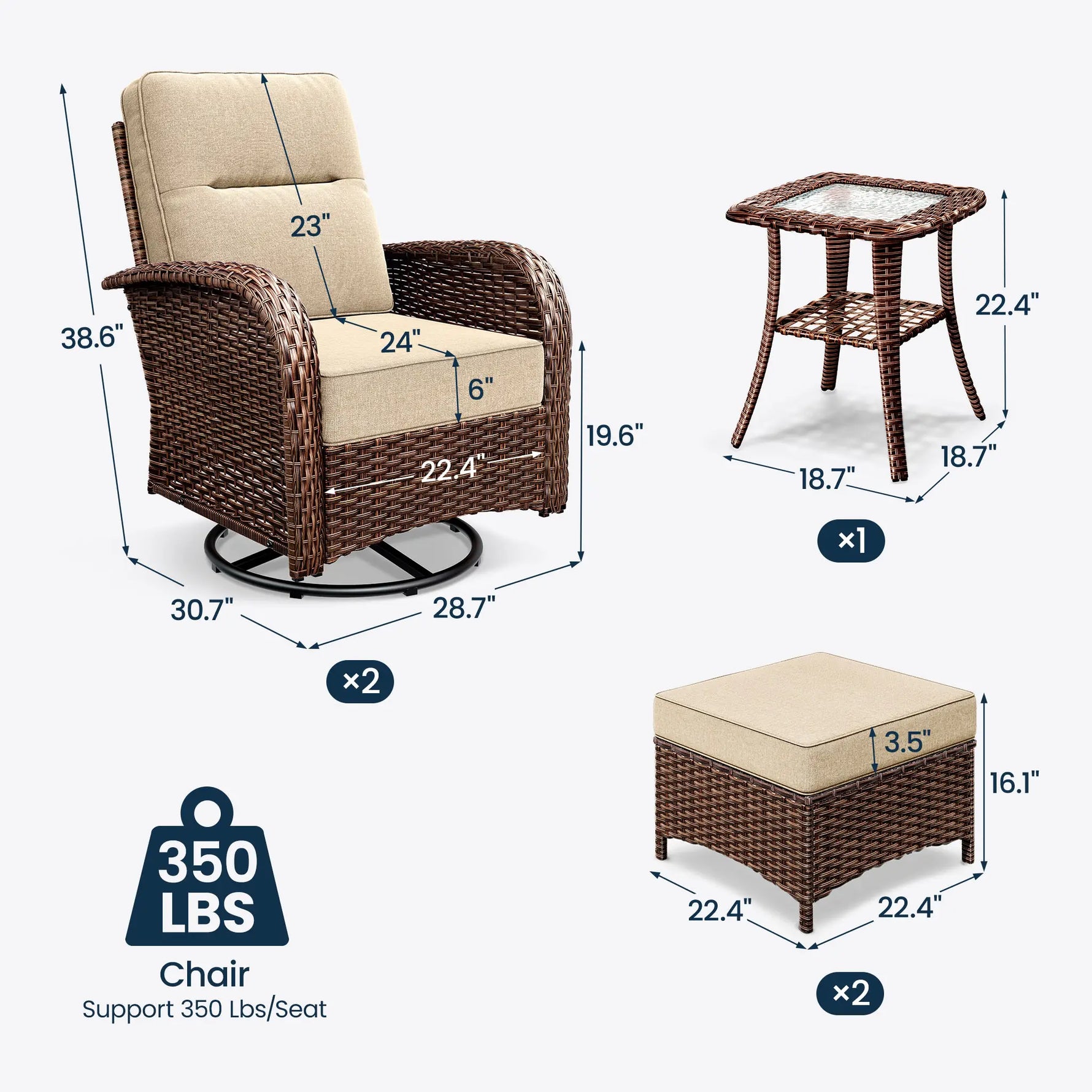 Wicker Patio Chair Set With Side Table & Ottomans