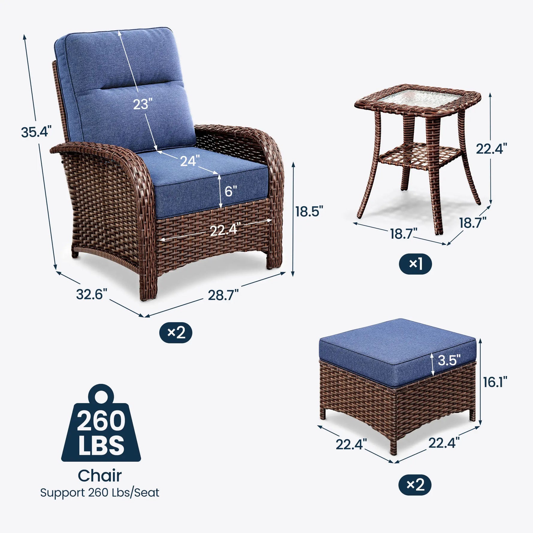 Wicker Patio Chair Set With Side Table & Ottomans